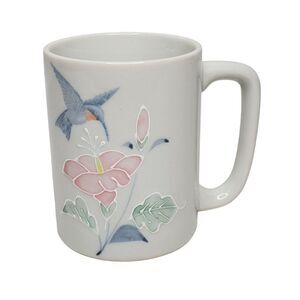 Vtg Hummingbird Floral Lily Embossed Coffee Mug Blue Pink Otagari Japan 8 oz